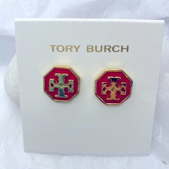 New Tory Burch Gold Logo, Red Enamel Octagon Stud Earrings - Picture 1 of 7
